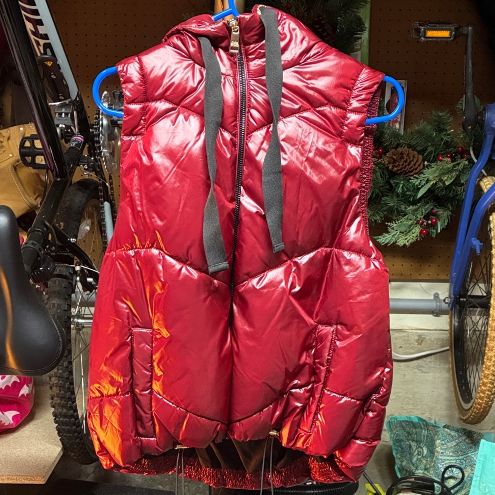 Metallic Red Hooded Vest with Black Accents